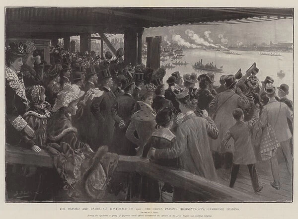 The Oxford and Cambridge Boat-Race of 1902, the Crews passing Thorneycroft s, Cambridge leading (litho)