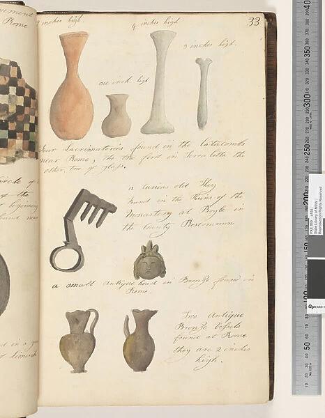 Page 33. Four lacrimatories found in the catacombs;a curious old key;a small antique head in bronze;two antique bronze vessels, 1810-17 (w  /  c & manuscript text)