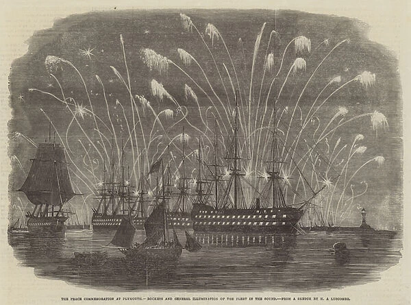The Peace Commemoration at Plymouth, Rockets and General Illumination of the Fleet in the Sound (engraving)