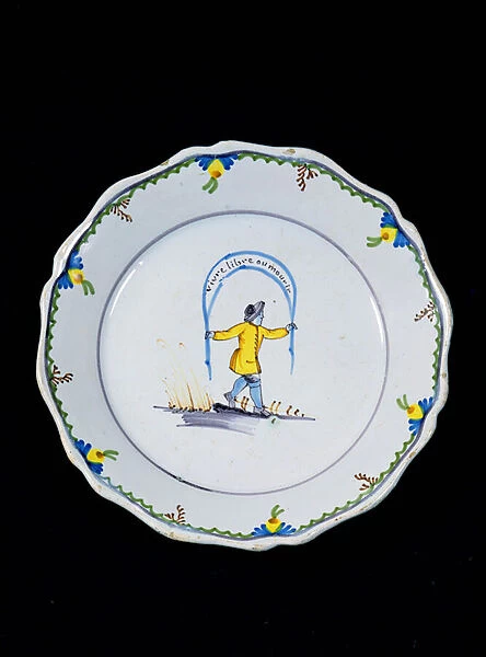 Plate decorated with a person holding a Live Free or Die banner (ceramic)