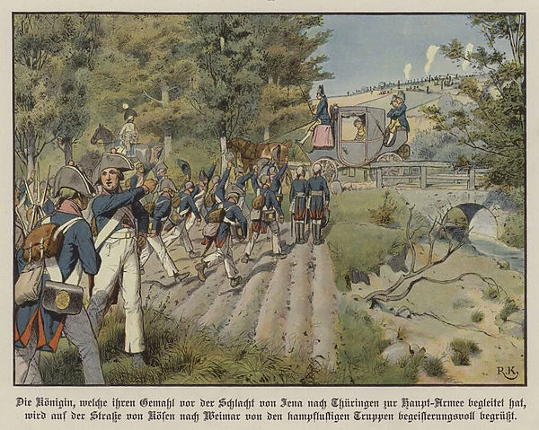 Prussian soldiers greeting Queen Louise of Prussia as she passes them on the road from Kosen to Weimar (colour litho)