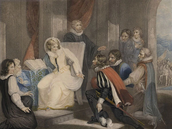 Queen Elizabeth I receiving the news of the death of her sister Queen Mary (colour aquatint)