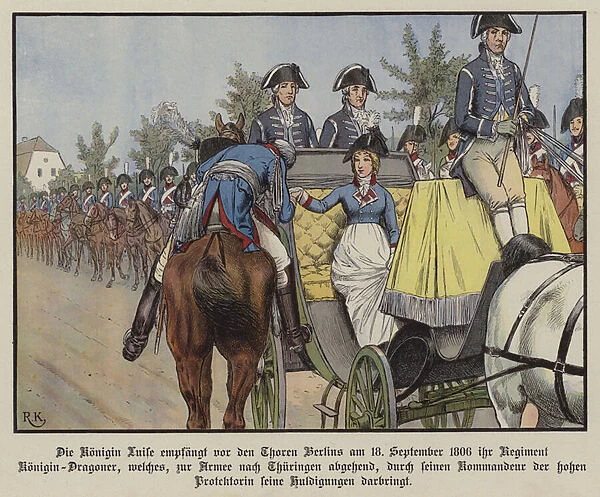 Queen Louise of Prussia reviewing her regiment of Dragoons, Berlin, 18 September 180 (colour litho)