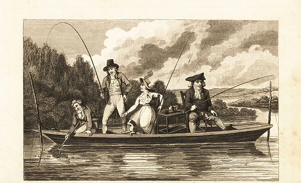 Regency gentlemen and lady fishing on a punt in the River Thames