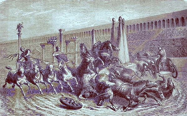 Roman public games under the empire - the chariot race in the circus, illustration from The Illustrated History of the World, published c. 1880 (digitally enhanced image)