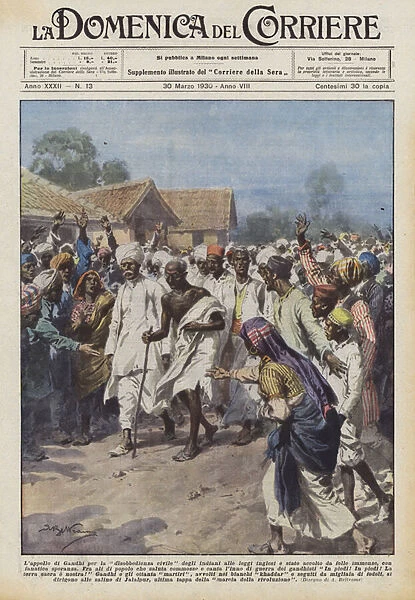 Salt March started by Gnadhi to obtain the independence of India, illustration from 'Courier Sunday', 1930