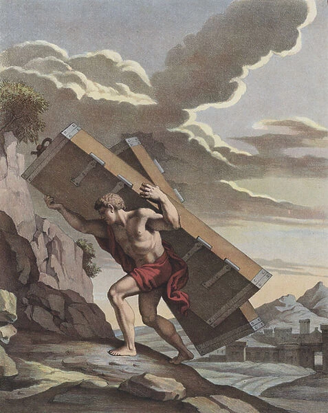 Samson carrying the city gates of Gaza to the top of the hill overlooking Hebron (colour litho)