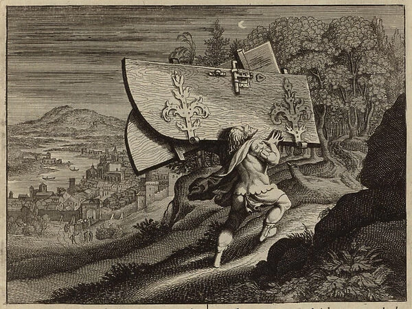 Samson carrying the doors of the city gate of Gaza (engraving)