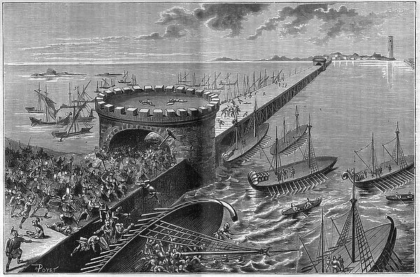 Siege of Alexandria by Jules Cesar in 47 BC The galere of Cesar under the weight of