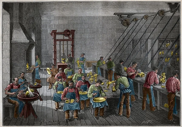 Silverware workshop in France in the 19th century. Engraving from 1885 in '