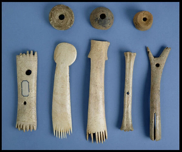 Spindle whorls, antler weaving combs and a bone shuttle and loom fitting, Iron Age (bone)