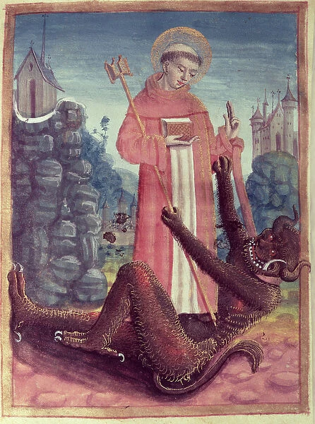 St. Bernard of Menthon (923-1008) Overcoming a Demon, from a Book of Hours, 1490 (vellum)