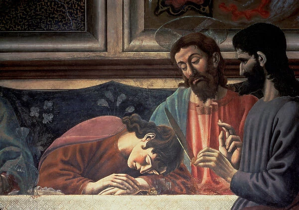 The Last Supper, detail of Judas, Christ and St. John, 1447 (fresco) (detail of 85172)