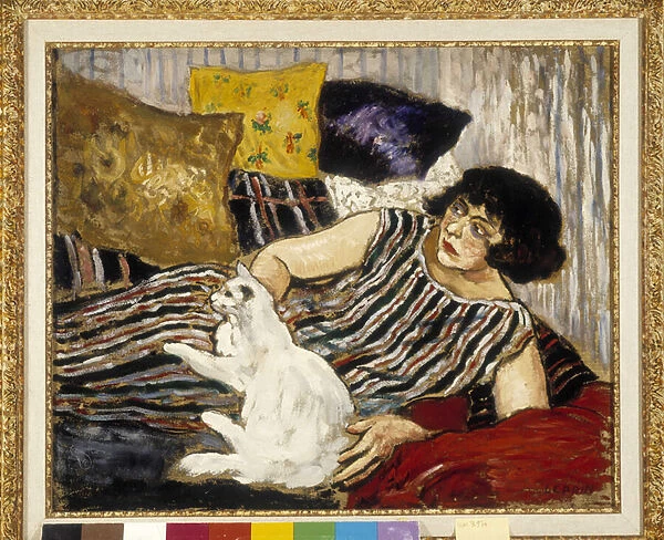 Suzanne Valadon (1865-1938) and her cat. Painting by Marcel Leprin (1891-1933), Mandatory mention: Collection fondation regards de provence, Marseille (cm 45x54)