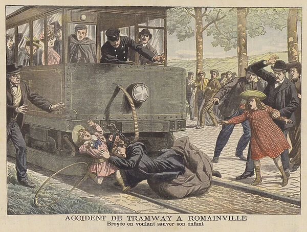 Tram accident at Romainville, Paris (colour litho)