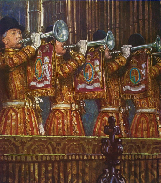 Trumpeters of the Household Cavalry sounding a fanfare (colour litho)