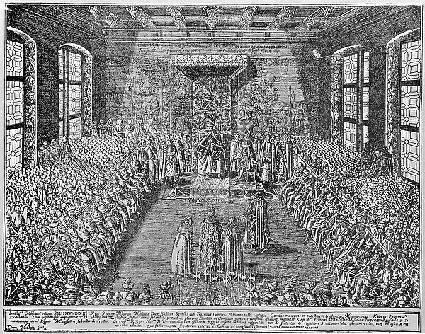 Vasili Shuisky with his brothers at the Warsaw Sejm, 1611 (engraving)