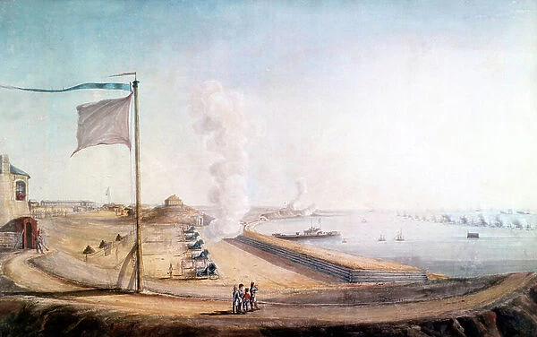 View of Boulogne-sur-Mer camp : Napoleon observing english fleet, 19th century (painting)