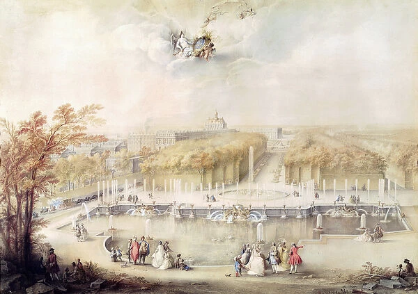 View of the Gardens and the Chateau of Versailles from the Neptune Fountain (gouache)