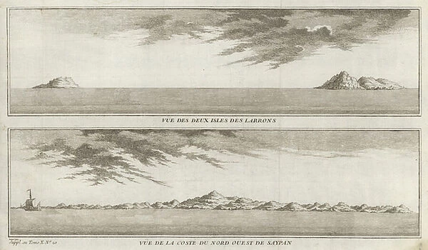 Views of the Mariana Islands and the coast of Northwestern Saipan (engraving)