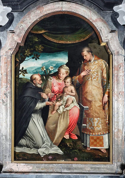 Virgin and Child between Saint Vincent Ferrier (1350-1419) and Saint Vincent of Zaragoza (4th century) (Virgin with child with Vincent of Zaragoza and Vincent Ferrer) Painting by Coriolano Malagavazzo (16th century) 1595 Chapel of the Elatellani