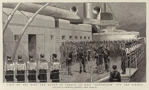 Visit of the King and Queen of Greece to H Ms 'Edinburgh'off the Piraeus (engraving)