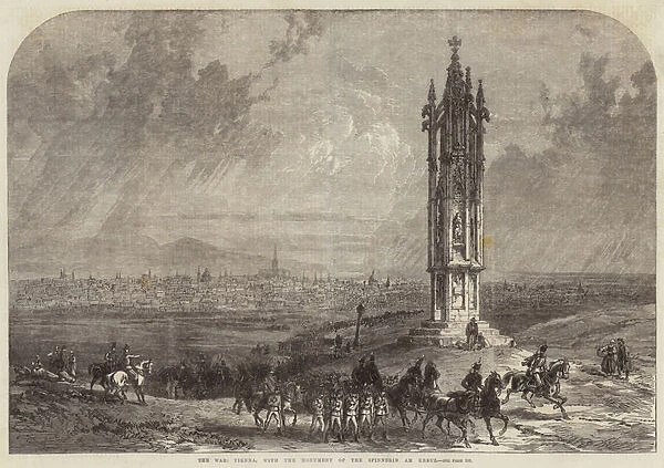 The War, Vienna, with the Monument of the Spinnerin am Kreuz (engraving)
