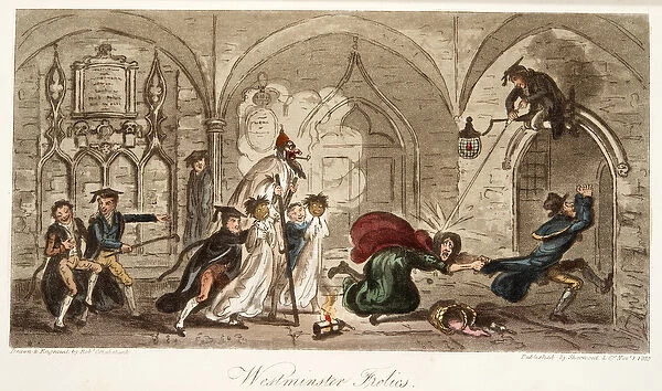 Westminster Frolics, from The English Spy, pub. 1824 (hand coloured engraving)