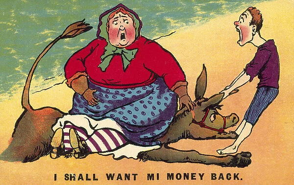 A woman too fat for the donkey ride (colour litho)