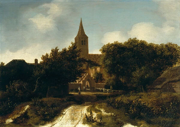 Wooded Landscape with Figures near a Church, c. 1660 (oil on panel)