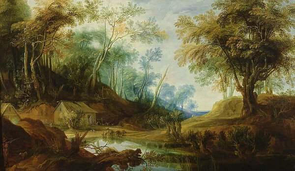 Wooded Landscape with a Pond (oil on canvas)