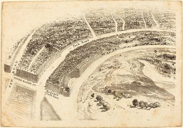 British 19th Century, Invitation? with Aerial View of Regents Park, 1824, lithograph