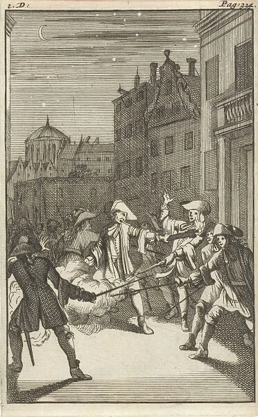 Mirandor and Belindor in Paris attacked by disguised men on a street, print maker