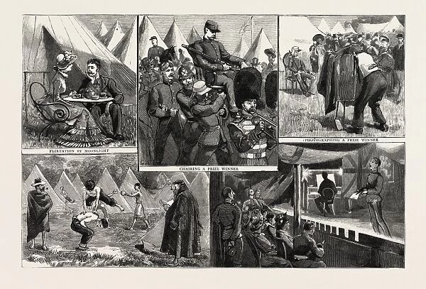SKETCHES AT THE VOLUNTEER CAMP, WIMBLEDON, engraving 1884, UK, britain, british, europe