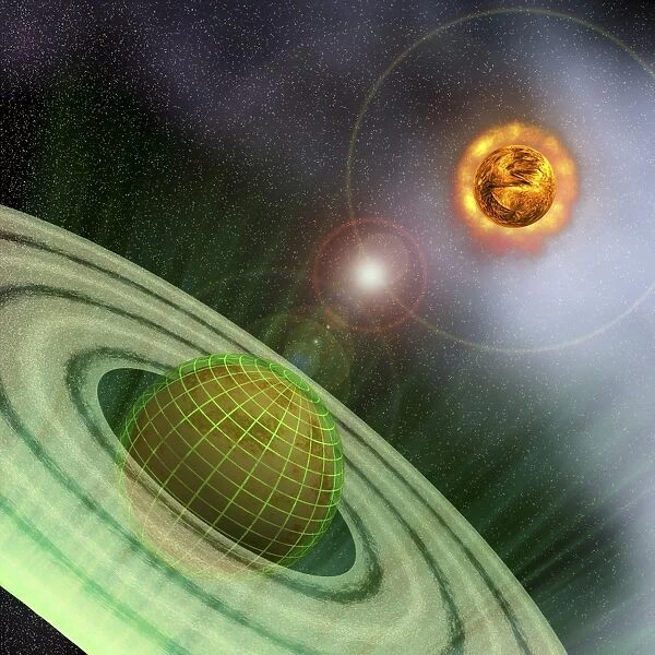 A planet in the future is surrounded by a protective grid system