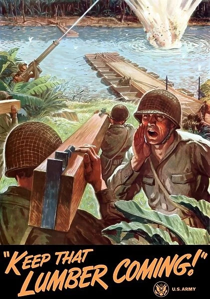 World War II poster of Army Engineers building a bridge across a river