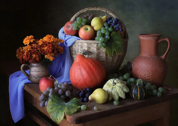 Still life with autumn fruits and flowers