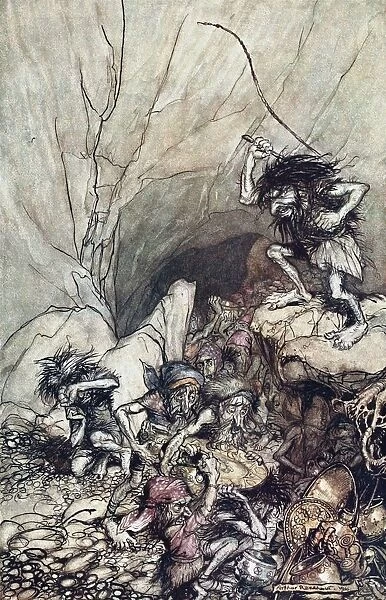Alberich drives in a band of Niblungs laden with gold and silver treasure. Illustration for The Rhi Artist: Rackham, Arthur (1867-1939)