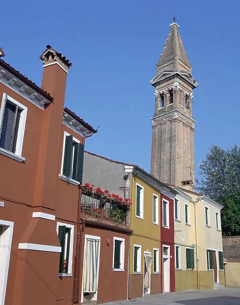 Campanile of the Church of San Martino and painted houses, Burano, Venice, Italy