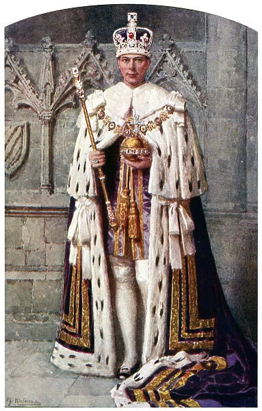 George VI in coronation robes: the Robe of Purple Velvet, with the Imperial State Crown, 1937. Artist: Fortunino Matania