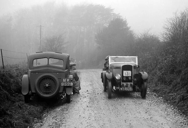 Triumph of J Cramer-Parry passing an officials Riley, MCC Exeter Trial, Blackhill, Dorset, 1930