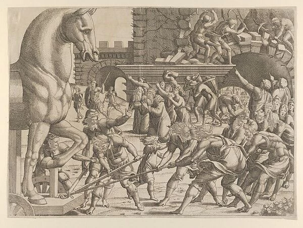 The Trojans Bring the Wooden Horse into Their City, 1535-55. Creator: Jean Mignon