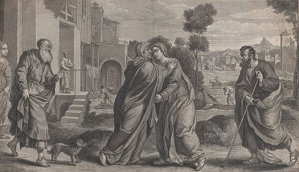 Visitation; Saint Elizabeth embracing the Virgin at center as Saint Joseph walks to