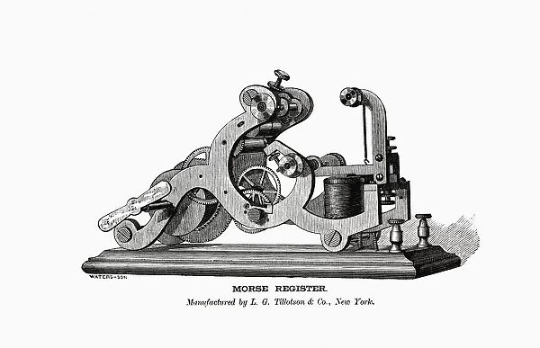 An electric Morse Register, manufactured by L. G. Tillotson & Co. New York in the late 1860 s. After an illustration in Modern Practice Of The Electric Telegraph: A Handbook For Electricians And Operators, by Franklin L. Pope. Third Edition, published 1870