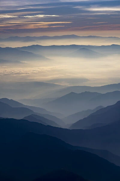 View of the Himalayan foothills at dawn, from Kathmandu to Everest flight over Himalayas, Nepal