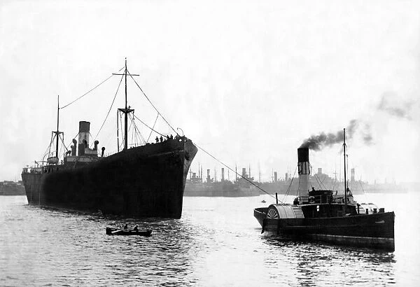 The Queenmoor a 4, 862 tons Moor Line ship enters the River Tyne to undergo repairs for