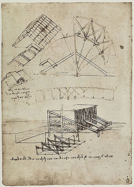 Designs for an arch and rampart walls, drawing by Leonardo da Vinci, part of the Codex B (2173), c.22v, housed at the Institut de France, Paris