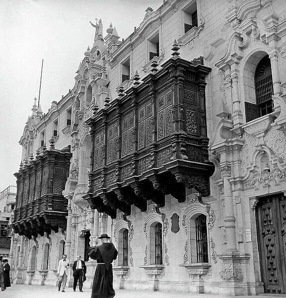 The famous Spanish-style balconies of the Arch Bishop's Palace in Lima, Peru