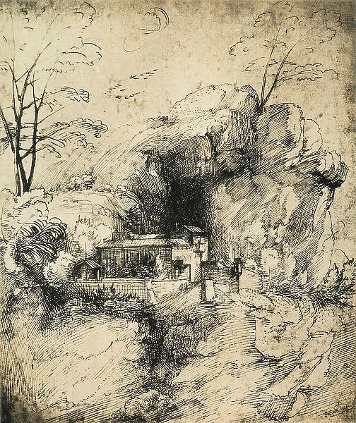 Landscape with monastery; drawing by Raphael. Graphische Sammlung Albertina, Vienna