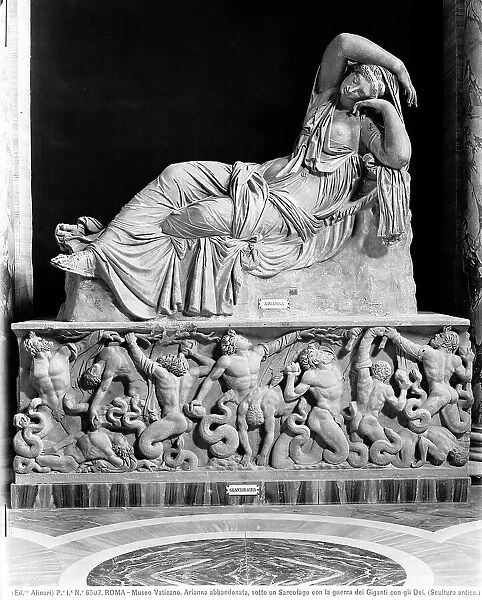 Sleeping or abandoned Arianna and sarcophagus with gigantomachy, sculpture, Roman art from Greek original of the 2nd century a.C. Gallery of Statues and Hall of busts, Vatican Museums, Vatican City